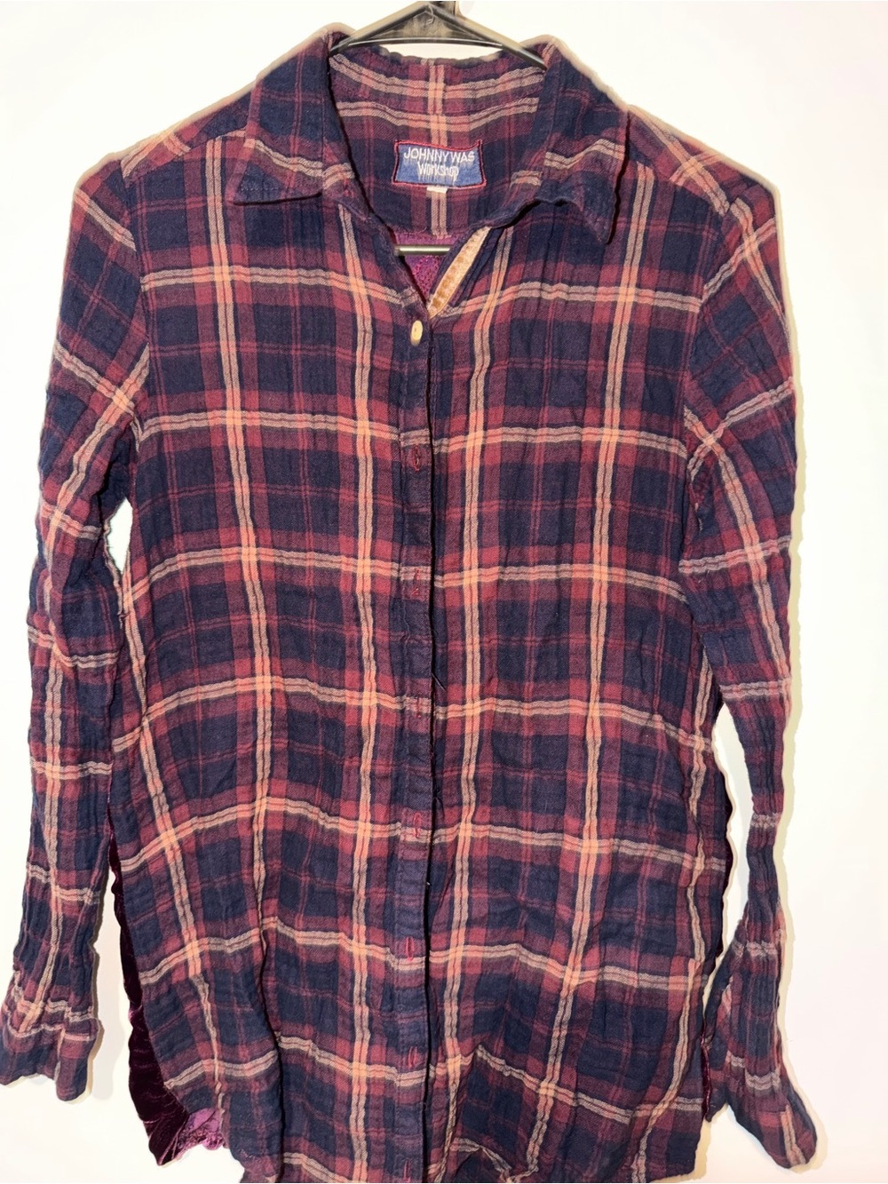 Embroidered Velvet-Back Plaid Women's Shirt Jacket - Burgundy Size:XS - Picture 3 of 5